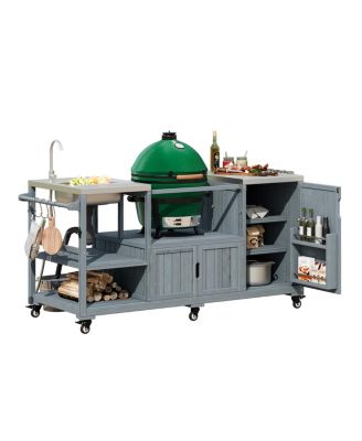 Outdoor Kitchen Island with Sink, Solid Wood Grill Cart for XL Green Egg, Rolling Bar Cart, Brown