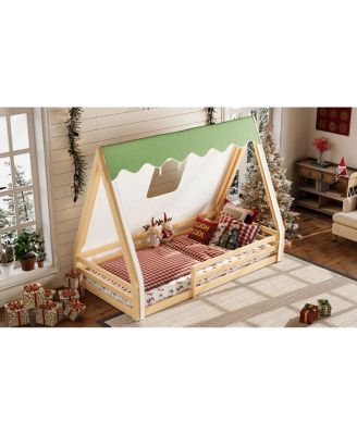 Twin Size House Floor Bed with Tent and Light, Solid Wood Teepee Design