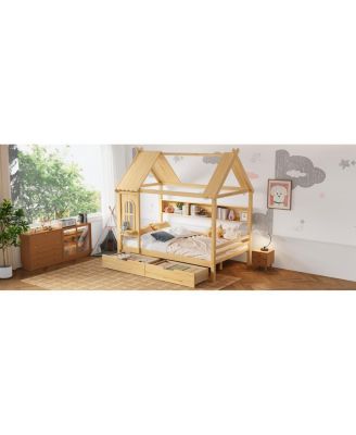 Full House Beds with Storage Drawers and Window, Solid Wood Platform Bed Frame