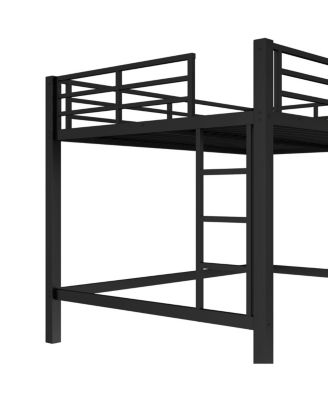 Queen Size Metal Loft Bed with Ladder and Guardrails