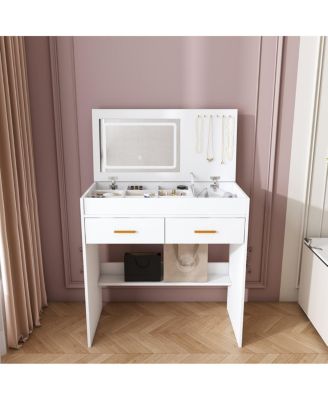 Flip Top Vanity Desk with LED Mirror & Outlet