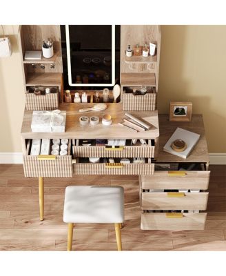 7-Drawer Vanity Desk with LED Mirror & Carved Details, Makeup Table with Stool