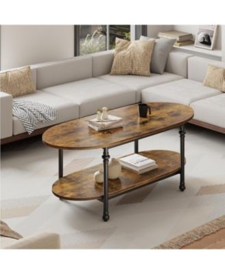 Farmhouse Oval Coffee Table, 2 Tier Center Table with Open Storage, Modern Industrial Tea Table