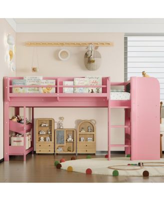 Twin Loft Bed with Multi-storage Bookcases, Boxes, Drawers, Desk, Blackboard