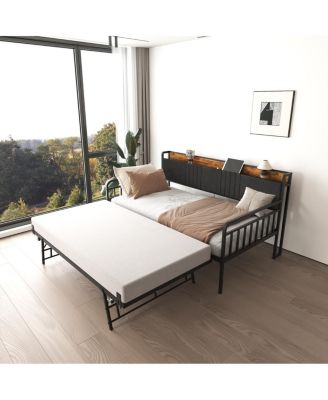 Daybed with Trundle, Metal Twin Bed Frame with Headboard & Charging Station