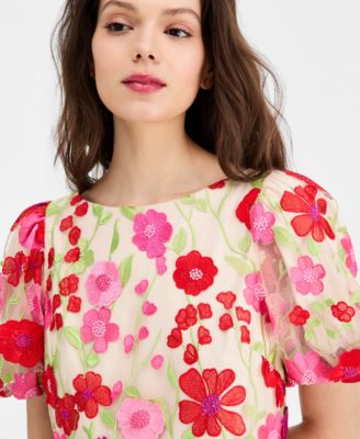 Women's Floral-Embroidered Puff-Sleeve Dress
