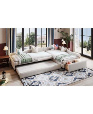 Upholstered Double Twin Size Daybed with Trundle and Drawer