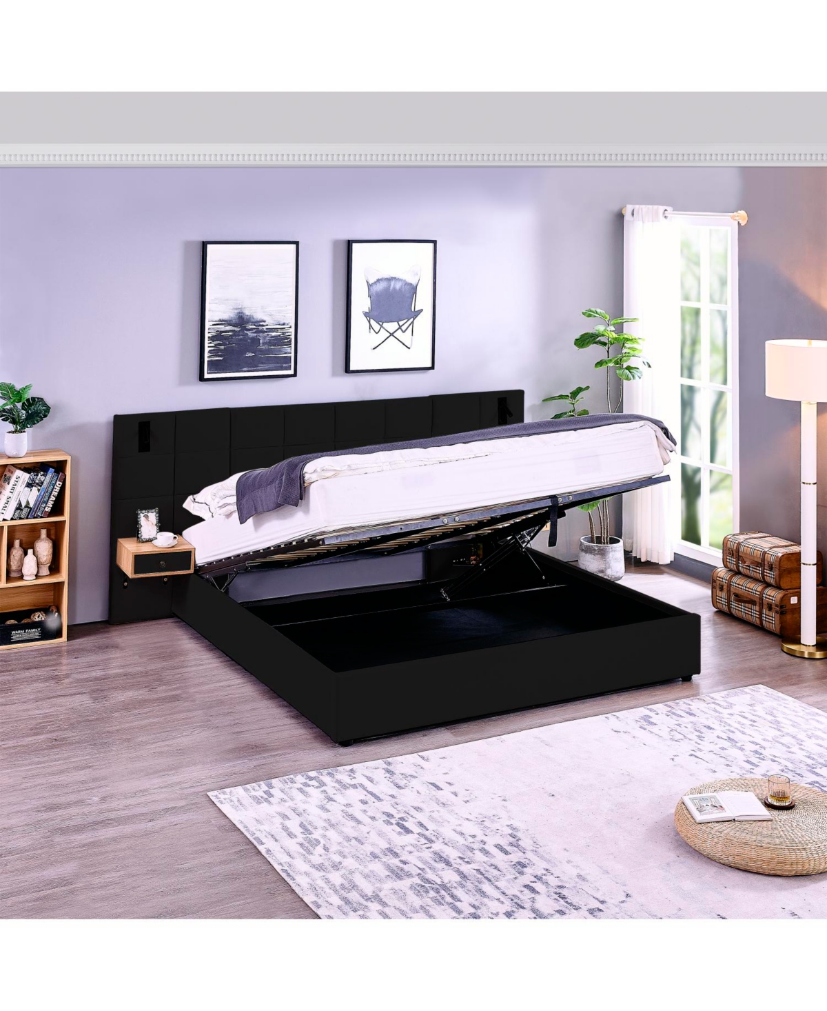 Streamdale Furniture King Velvet Storage Bed with Shelves, Lamps & Usb