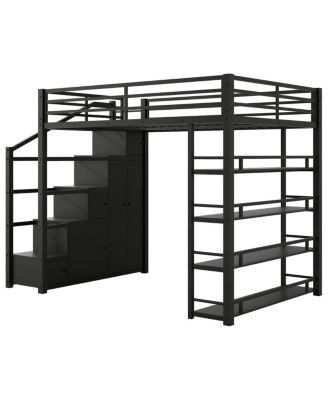 Metal Loft Bed with Storage Shelves, Cabinets and Wardrobe