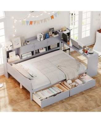 Full Size Daybed with Storage, Wooden L-Shape Bed Frame w/ Desk & Bookshelf