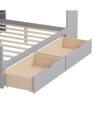 Full Size Daybed with Storage, Wooden L-Shape Bed Frame w/ Desk & Bookshelf