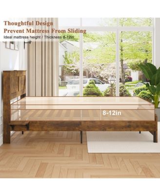 Farmhouse King Bed Frame w/ Storage Shelf, LED Lights & Charging Station