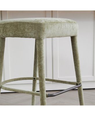 Backless Light Green Upholstered Fabric Bar Stool - Padded Seat, Sturdy Legs, Footrest