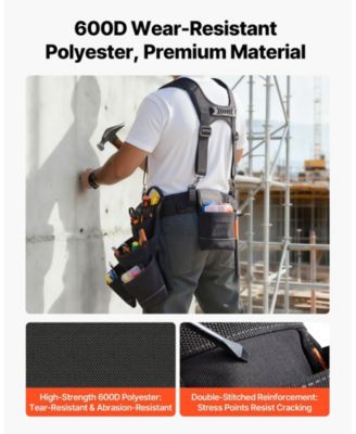 Tool Belt with Suspenders, 19 Pockets Heavy-Duty Tool Pouch, Adjustable Waist 31–51 in, Detachable Suspension Rig