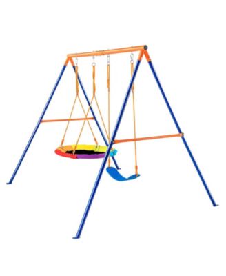 Backyard Swing Set, 440 lbs Load Capacity, A-Frame Metal Swing Stand with Saucer Swing Seat and Belt Swing Seat, Adjustable Rope