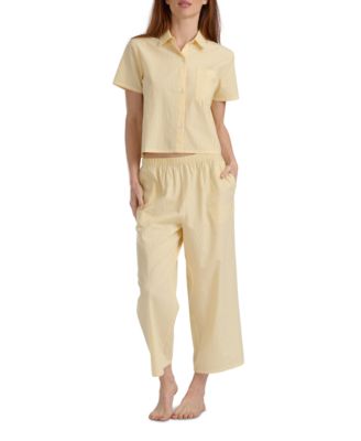 Women's Cropped Button Down Shirt and Pajamas, 2-Piece Set