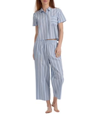 Women's Cropped Button Down Shirt and Pajamas, 2-Piece Set