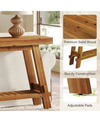 63" Solid Wood Console Table, 2-Tier Farmhouse Entryway & Sofa Table, Brown