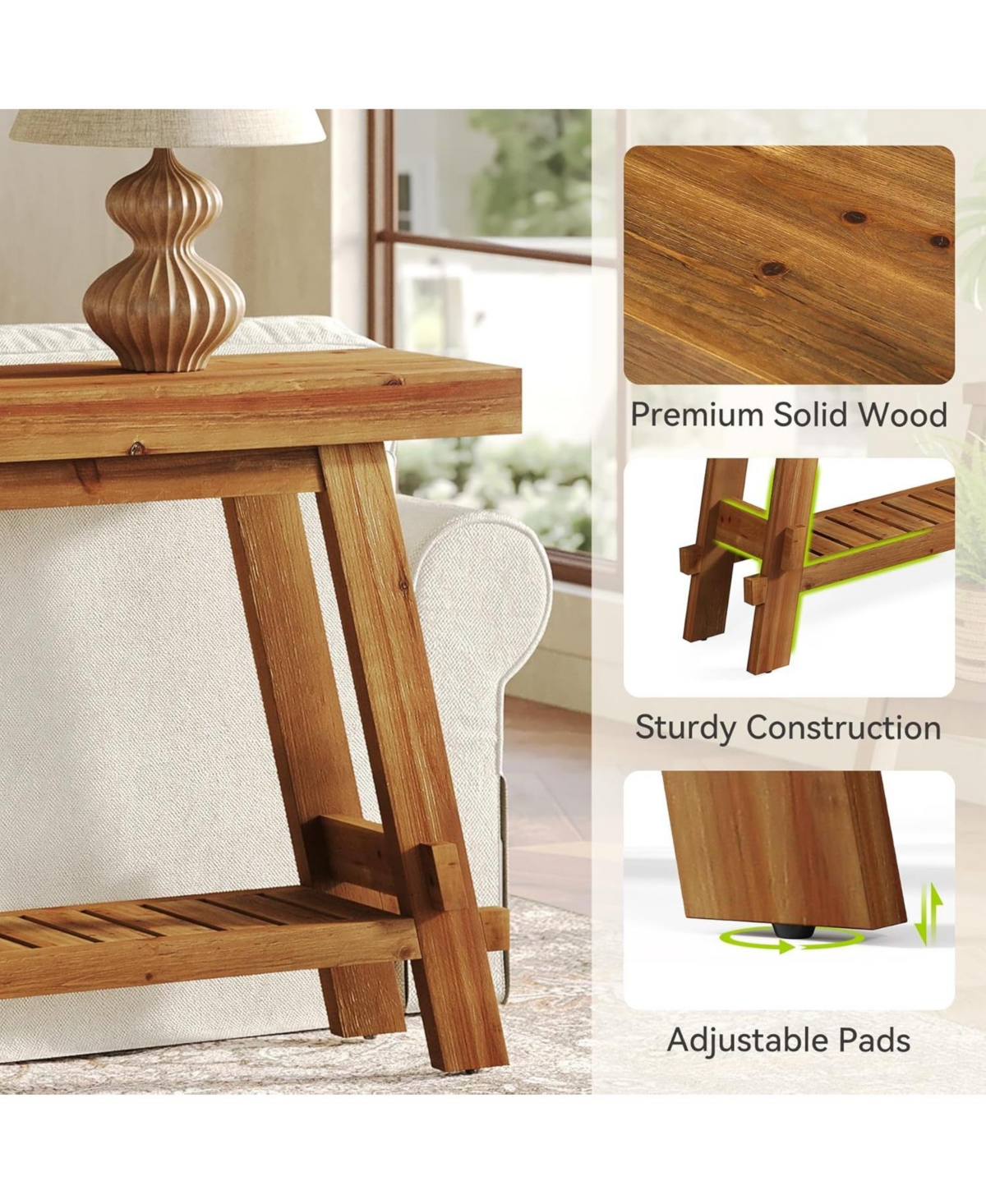 Tribesigns 63" Solid Wood Console Table, 2-Tier Farmhouse Entryway & Sofa Table, Brown