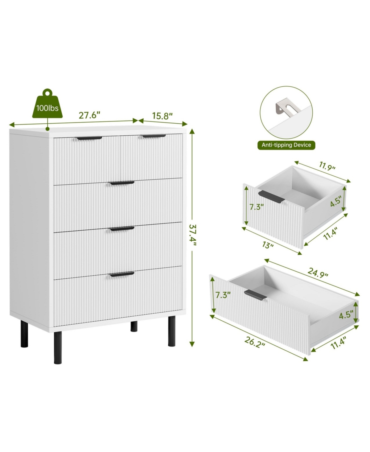 Gaomon Wave Fluted 5 Drawer Dresser, 38'' Tall Chest of Drawers with Anti-Tipping Device