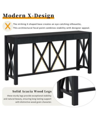 60" Acacia Console Table - Crisscross Design & 4 Drawers