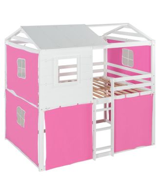 Full Size Bunk Wood House Bed with Tent