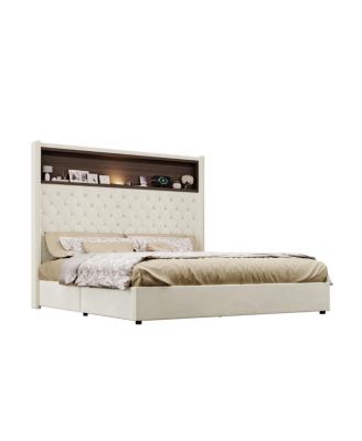 Queen Size Velvet Tufted Bed Frame with USB & Night Light