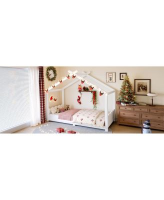 Twin House Floor Bed with Slats, Solid Wood House Bed Frame for Kids, White