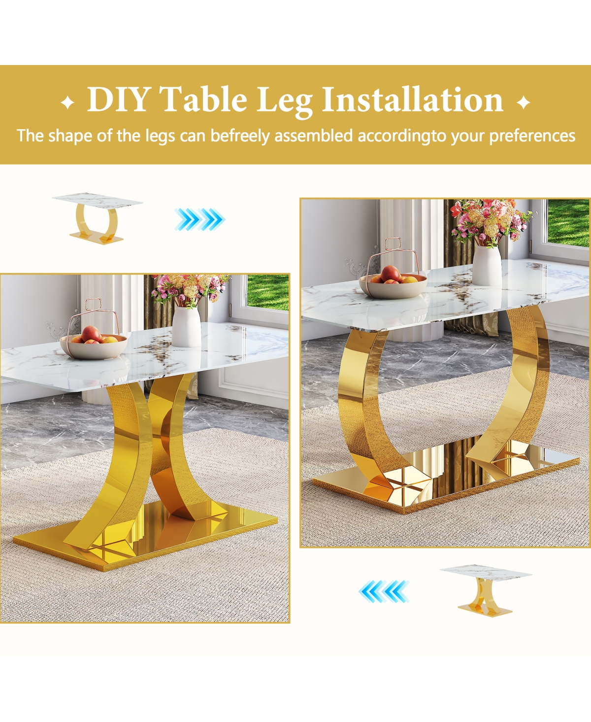 Streamdale Furniture Streamdale Marble patterned glass dining set with gold decor: 63" table + 6 chairs