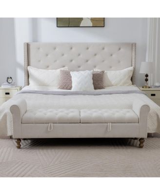 Modern Upholstered Storage Bench with Double Lids & Rolled Armrest