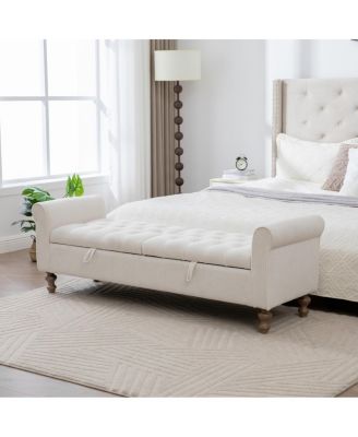 Modern Upholstered Storage Bench with Double Lids & Rolled Armrest