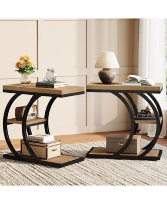 End Table for Living Room Set of 2, 3-Tier Narrow Wood Couch C-Shaped Side Table with Storage, Industrial Nightstand