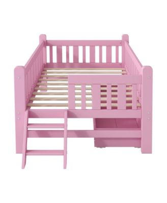 Wood Twin Size Platform Bed with Guardrail and 2 Drawers