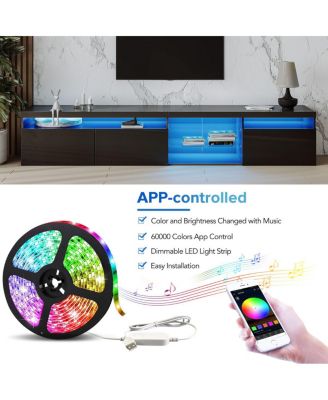 Design TV Stand w/ 2 Glass Shelves, Storage, LED Lights