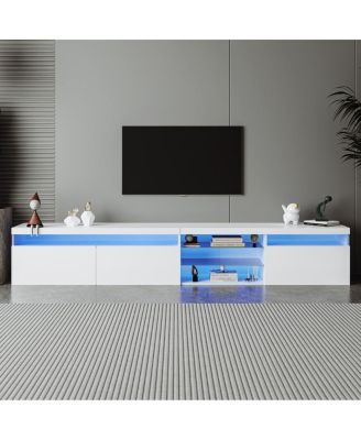Design TV Stand w/ 2 Glass Shelves, Storage, LED Lights