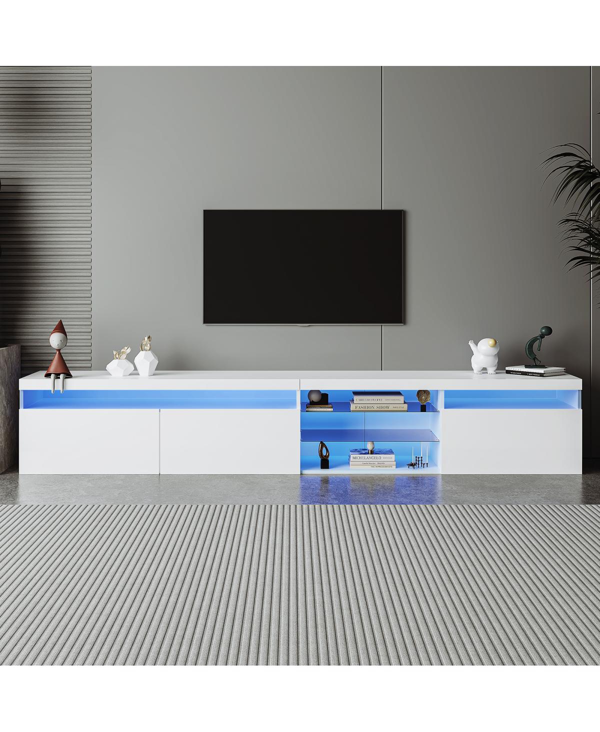 Streamdale FurnitureUnique Design Tv Stand w/ 2 Glass Shelves, Storage, Led Lights