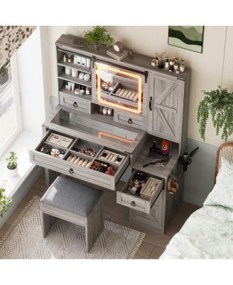 Farmhouse Vanity Desk with Sliding Mirror, Lights, Charging