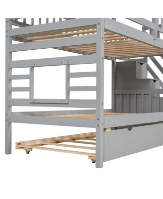 Twin over Twin House Bunk Bed with Trundle, Slide, Stairs, Roof, Window