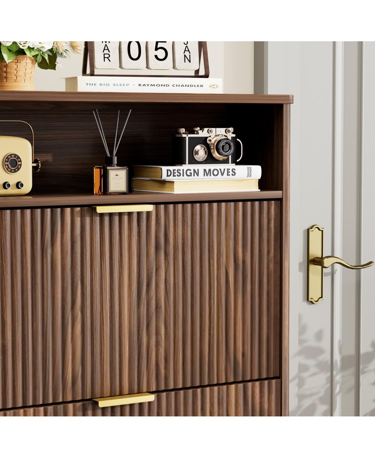 Streamdale Furniture Walnut Shoe Cabinet with 3 Flip Drawers, 31.6" L x 9.6" W x 54.4" H