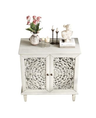 Vintage Carved 2-Door Accent Cabinet with Floral Design (Antique Gray White