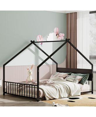 Full Size House Bed with Roof, Colorful Lights, Metal Frame