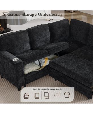 L-Shaped Sofa Bed with Storage & USB, Charcoal Gray