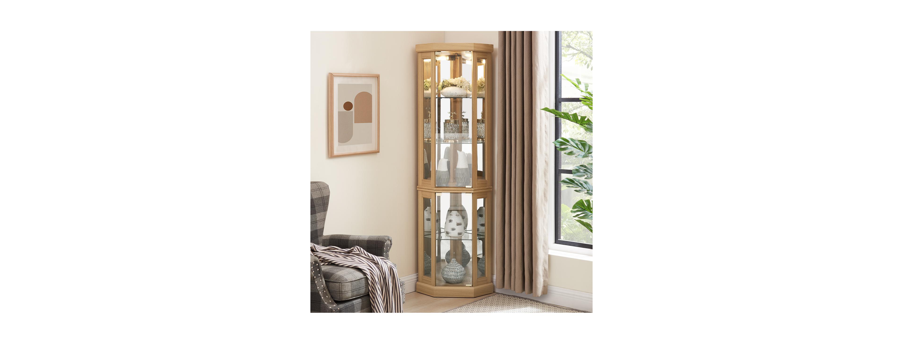 Streamdale Furniture Lighted Corner Curio Cabinet Display Case for Living Room, Wine, Bar Storage, Light Oak