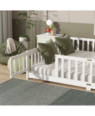 Queen Size Floor Bed with Fence, Door, and Safety Guardrails