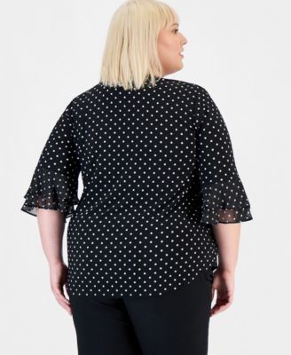 Plus Size Dot-Print Flutter-Sleeve Blouse