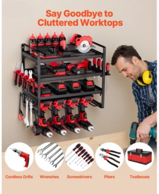 Wall-Mount Power Tool Organizer, 4-Tier Storage Rack with 4 Drill Holders, Screwdriver Holder, Garage Tool Storage Rack