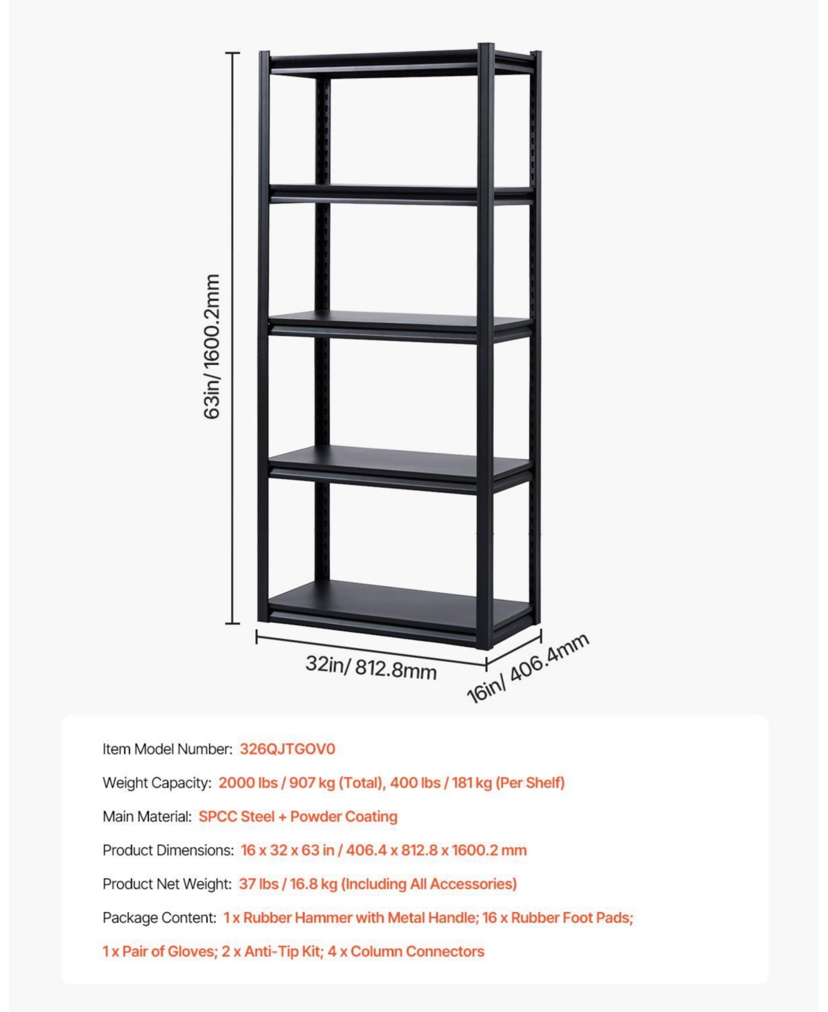 Mecale 5-Tier Garage Storage Shelves, 16"D x 32"W x 63"H, 2000 lb Capacity, Adjustable Metal Utility Shelving Rack, Black