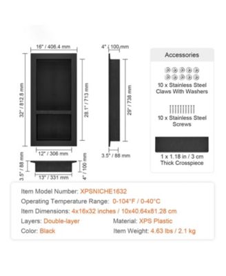 Shower Niche, Ready for Tile, 16" x 32", Double Shelf, Recessed Wall Insert, Sealed Waterproof, Square Corners, Black