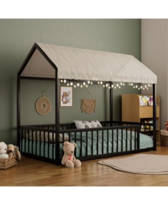 Twin Montessori Metal Floor Bed Frame, House Bed with Fence, Easy Assemble