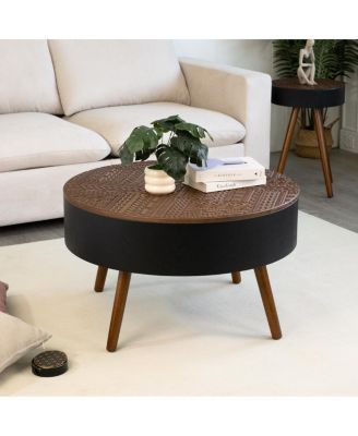 31.5" Round Coffee Table with Storage & Engraved Top